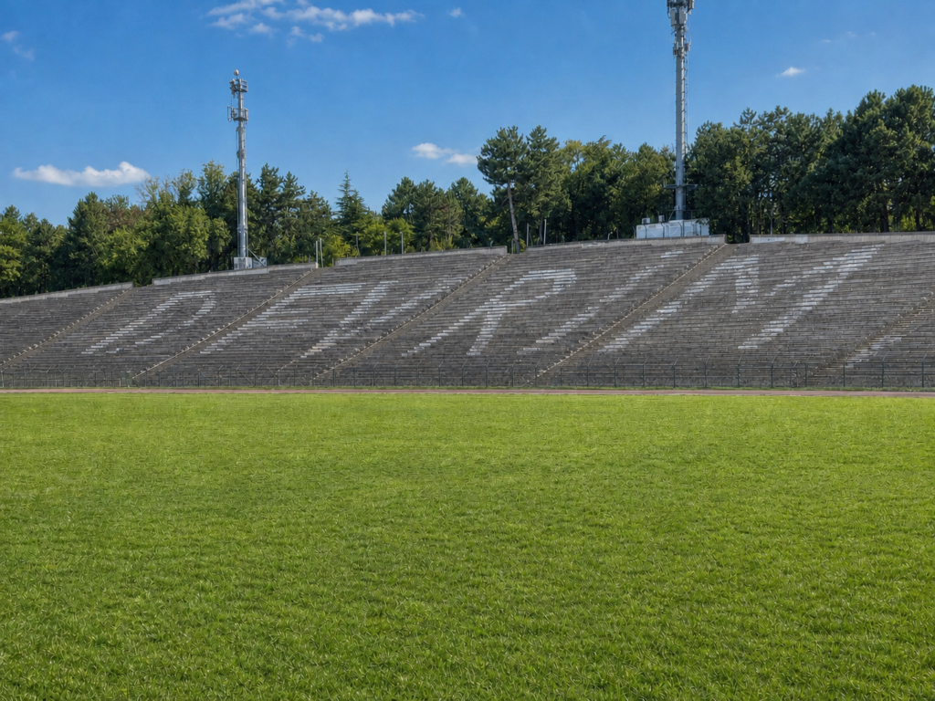 Empty concrete stands overlooking the green field at Devrim Stadium under a bright blue sky.