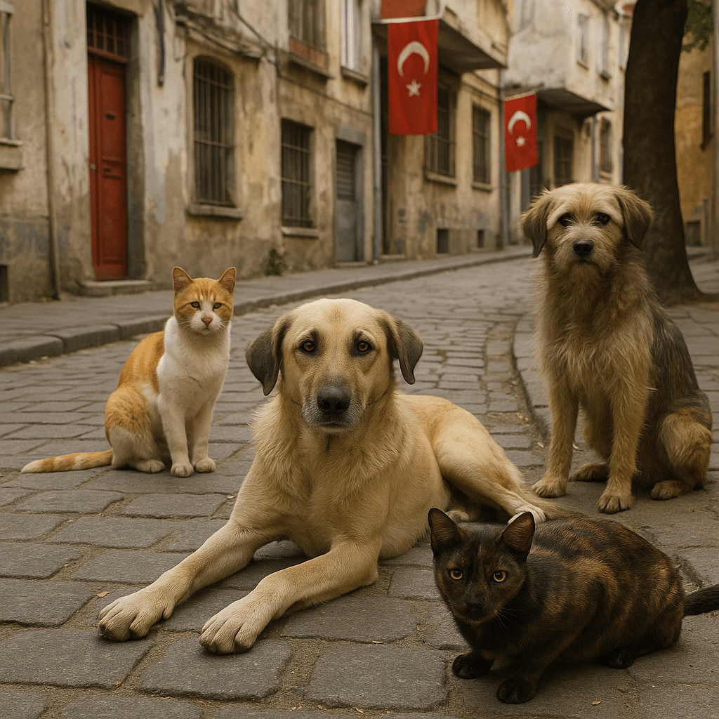 Four stray animals—a tan dog, a small shaggy dog, a tortoiseshell cat, and an orange-and-white cat—sit or lie on a cobblestone street in Türkiye, framed by historic buildings with Turkish flags hanging from windows. The animals are calm and curious, representing the everyday presence of street pets in Turkish cities.