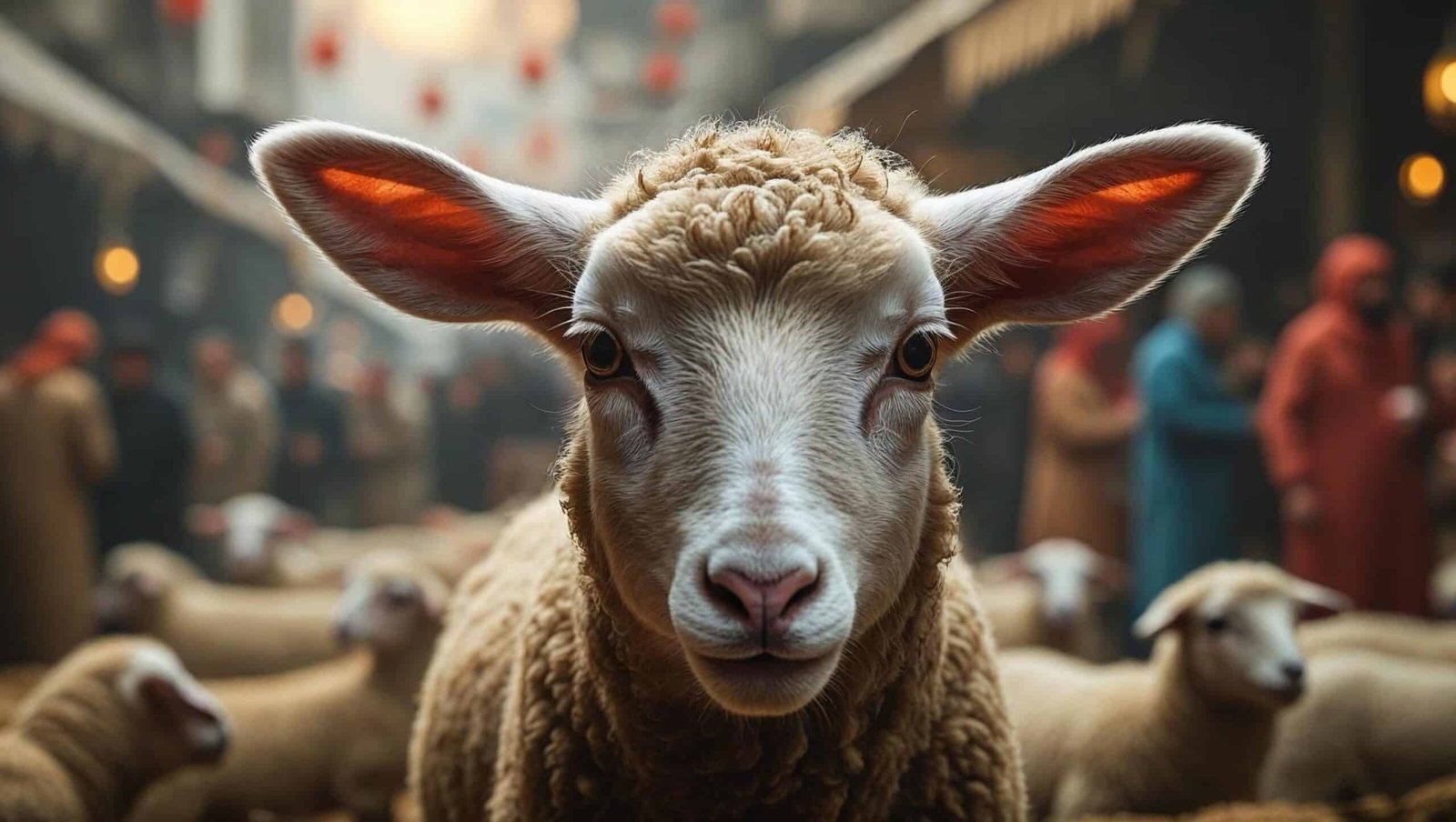 A close-up of a sheep looking directly at the camera in a crowded Turkish street market, with people in traditional clothing blurred in the background.