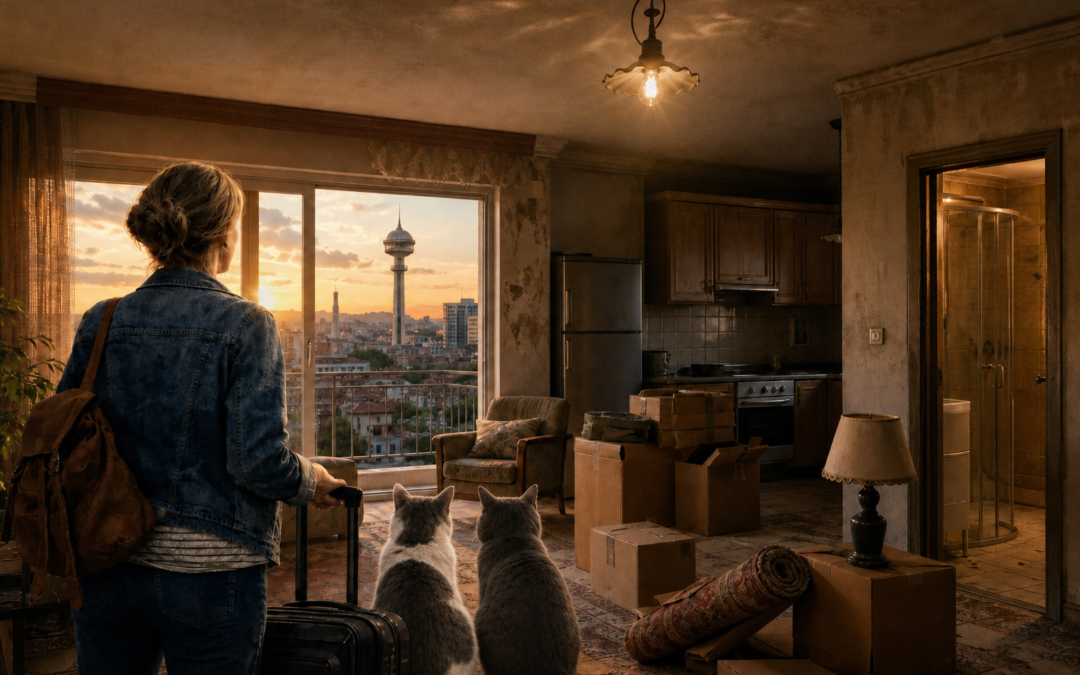 n expat woman and her two cats—a white-and-gray cat and an all-gray cat—stand among moving boxes in a dated Ankara apartment overlooking Atakule at sunset.
