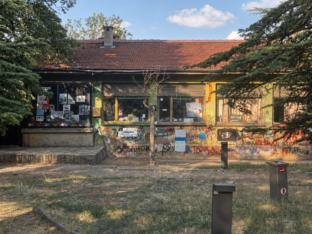 Graffiti-covered student clubhouse with red tile roof on METU campus, windows plastered with posters and flyers.