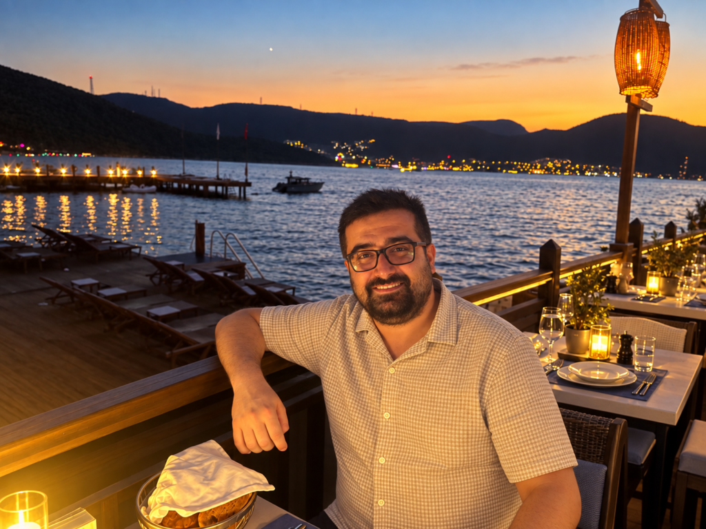 Bora seated at a waterside dinner table in Bodrum, with an orange sunset over the hills and bay behind him.
