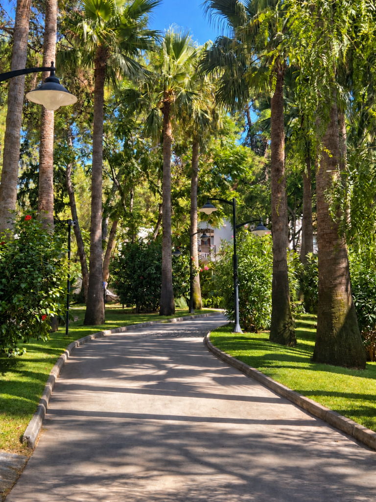 Warm sunlight filtering through palm and pine trees beside a stone path and white resort building
