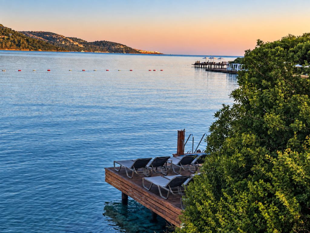 Calm Torba Bay viewed from above with wooded shoreline, a small pier, and waterfront sun loungers