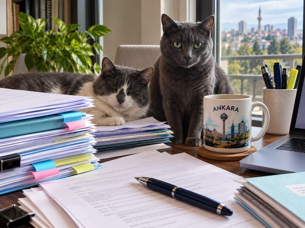 Stormy and Smokey sitting beside stacks of rental paperwork, a pen, and an Ankara mug in a home office.