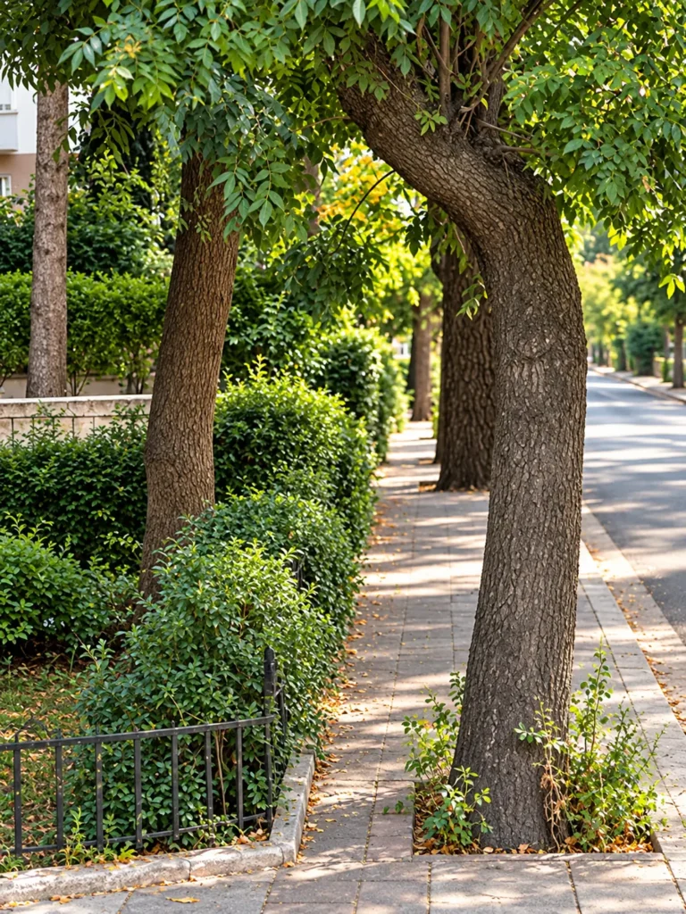 Tree-lined sidewalk in Ankara, Türkiye, with mature trees growing beside the pavement and a quiet street visible alongside it.