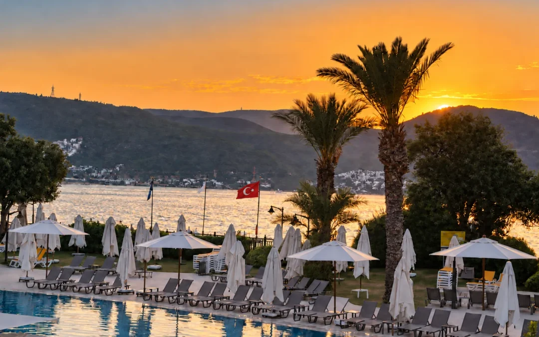 Sunset over a Bodrum bay with a palm tree, resort pool, and white umbrellas
