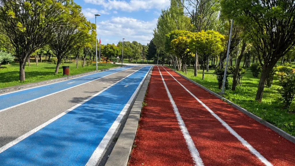 Blue lanes, a gray path, and a red running track extend between rows of trees.