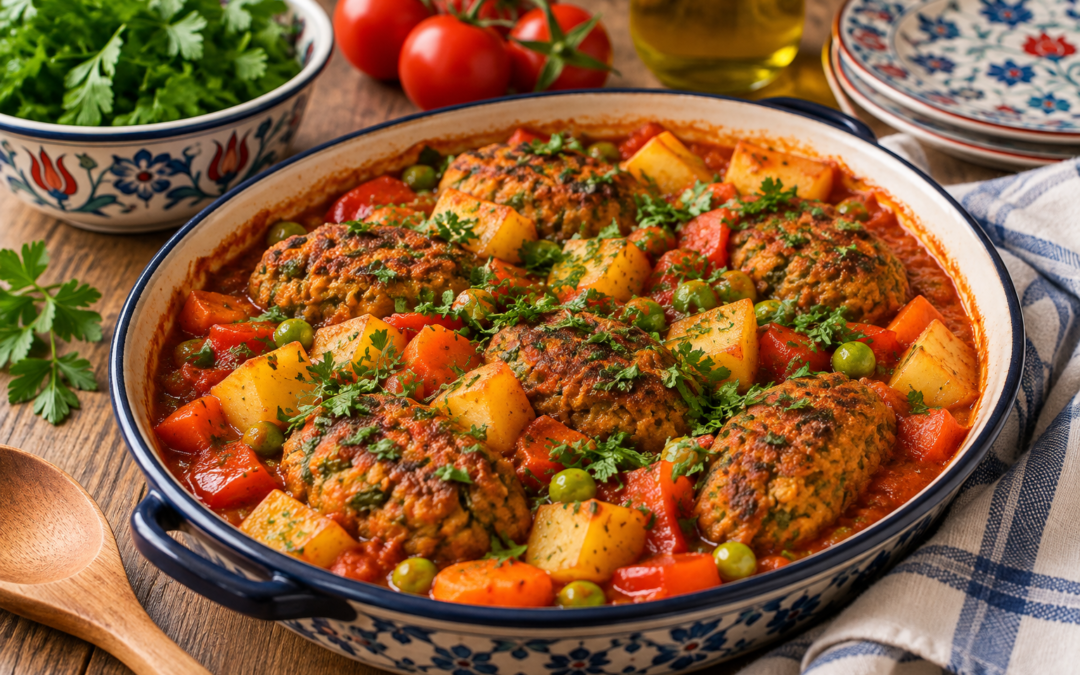 Vegan sebzeli köfte with plant-based köfte, potatoes, carrots, peppers, and peas in a rich tomato sauce.