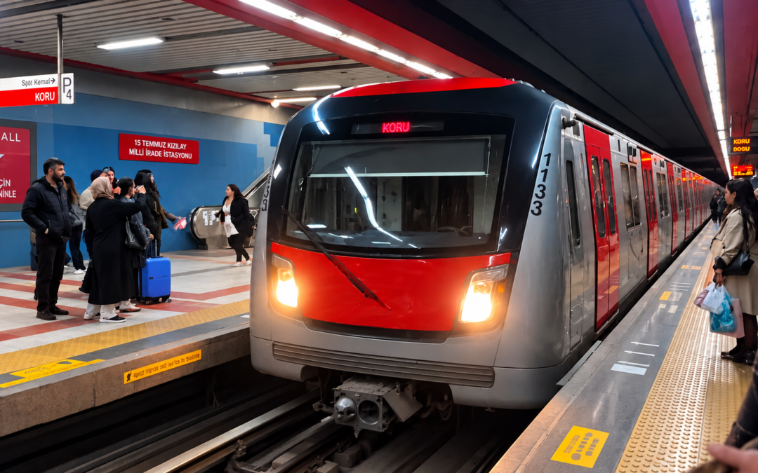 Red-and-silver Ankara Metro train at Kızılay station, with passengers waiting on both platforms.