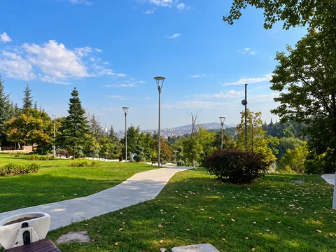 A winding path crosses an open lawn with trees and park lamps under a blue sky.