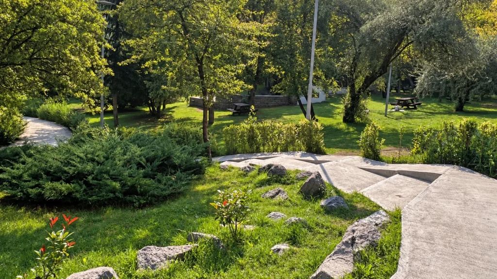Stone steps descend through lawns, rocks, and trees in Botanik Parkı, with picnic tables beyond.