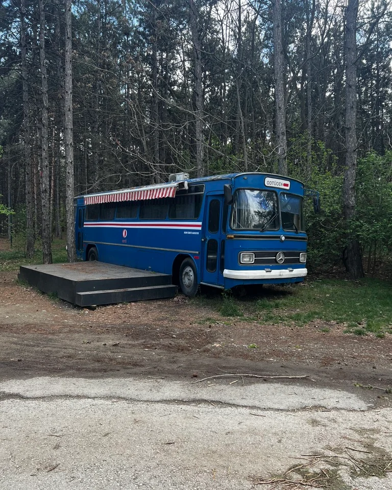 A vintage blue bus with a red-and-white striped awning stands beside a platform among pine trees.