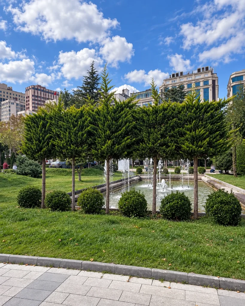 A row of clipped evergreen trees frames a fountain pool, with Ankara buildings beyond Güvenpark.