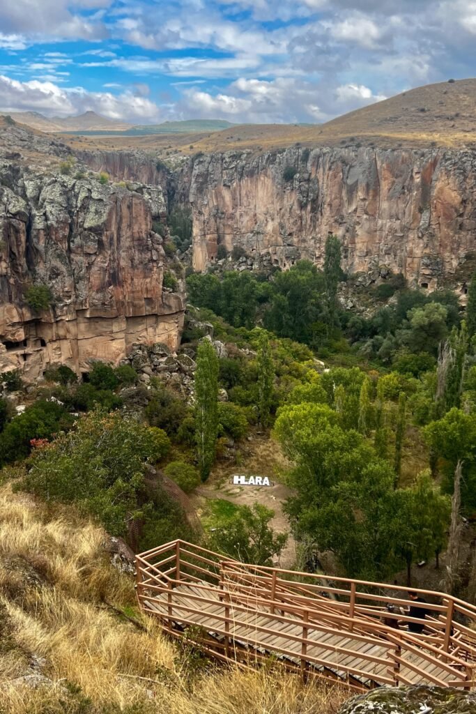 Staircase descending into Ihlara Valley with steep canyon walls and green vegetation in Aksaray, Türkiye