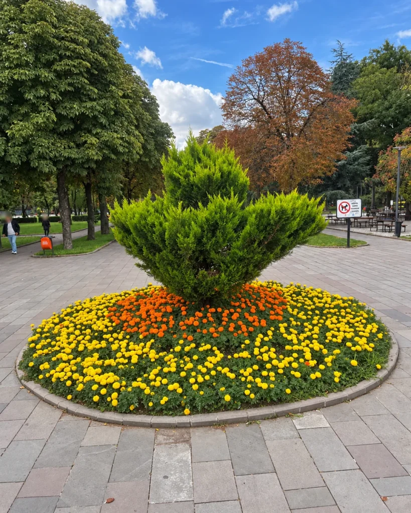 Yellow and orange marigolds surround a sculpted evergreen shrub between paths in Kurtuluş Parkı.