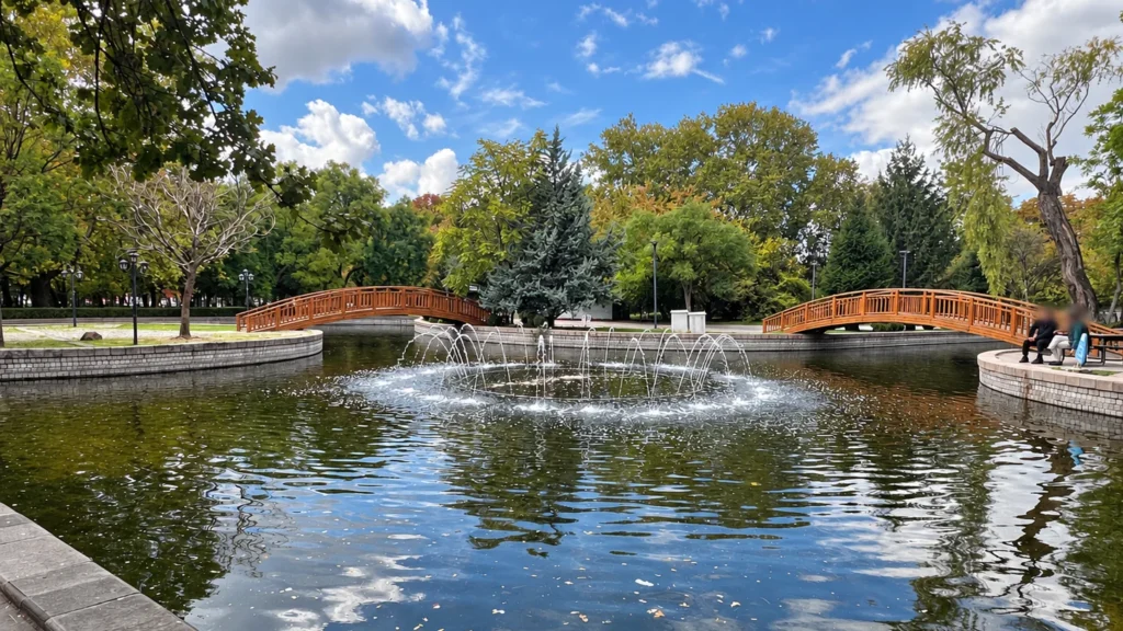 A circular fountain sprays into a pond between two arched wooden bridges in Kurtuluş Parkı.