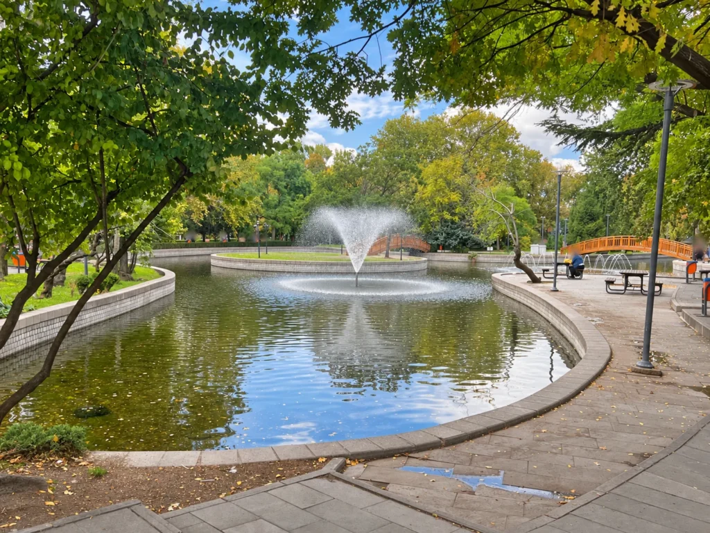A fan-shaped fountain sprays across a curved pond, with wooden bridges and picnic tables along the bank.