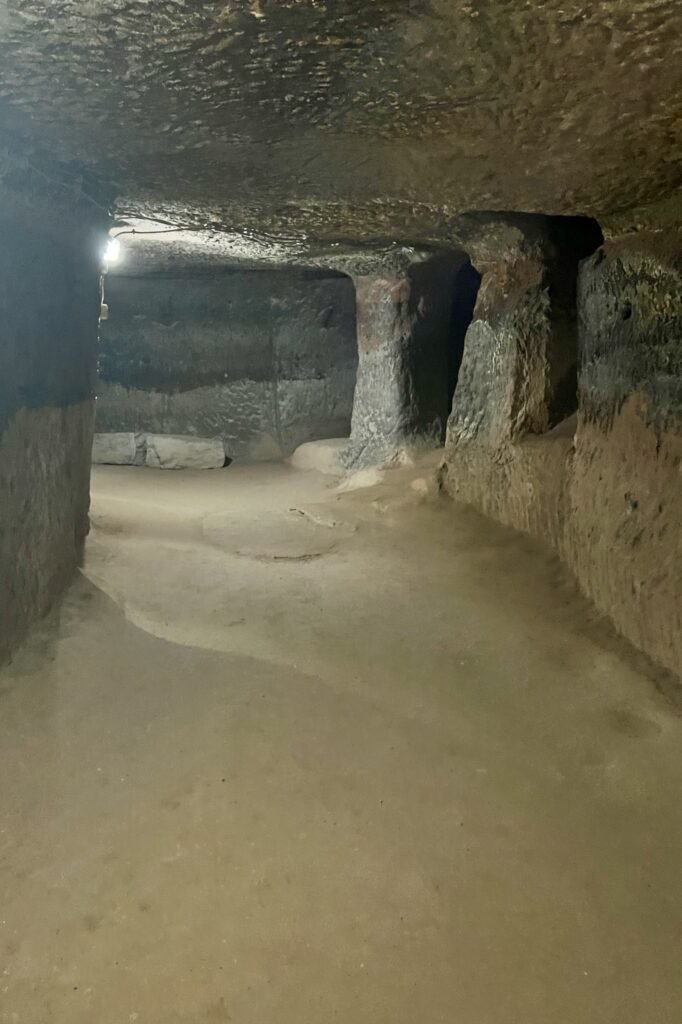 Carved underground chamber and passage openings inside Saratlı Underground City near Aksaray, Türkiye