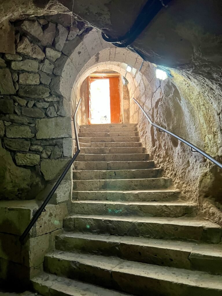 Stone staircase leading through Saratlı Underground City near Aksaray, Türkiye