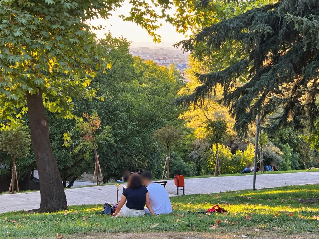 Visitors sit on a grassy slope beside a paved path, framed by tall trees in Seğmenler Parkı.