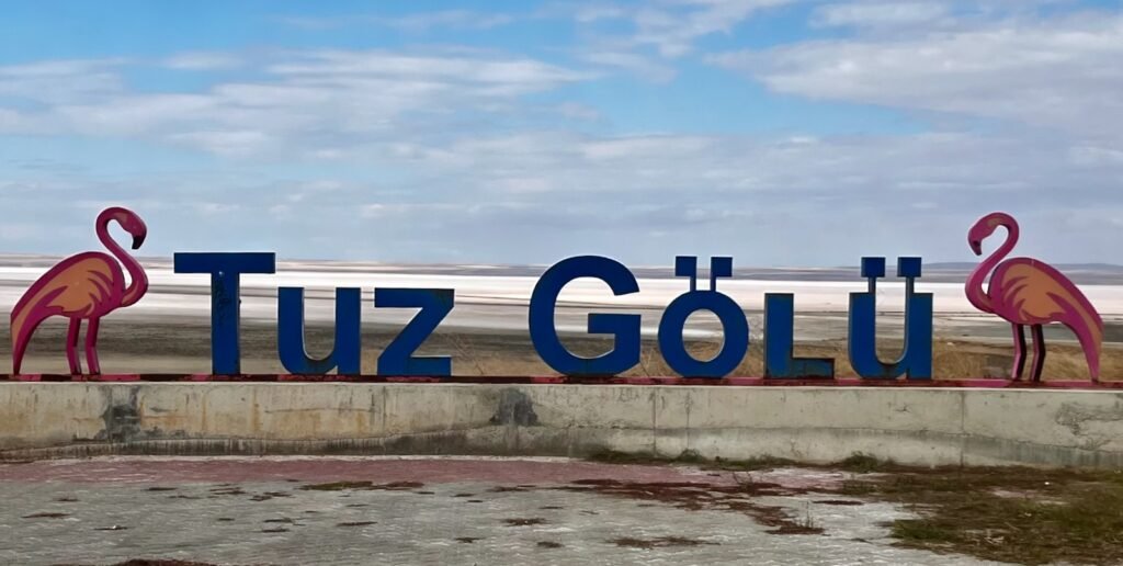 Tuz Gölü sign with flamingo illustrations overlooking the dry salt lake in Türkiye
